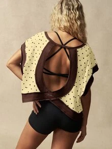 VARSIVA Women's Polka Dot Color Block Casual Daily Travel Sports T-Shirt - Coffee Brown - View 7