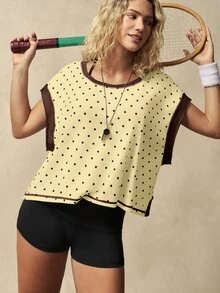 VARSIVA Women's Polka Dot Color Block Casual Daily Travel Sports T-Shirt - Coffee Brown - View 5