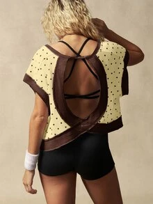 VARSIVA Women's Polka Dot Color Block Casual Daily Travel Sports T-Shirt - Coffee Brown - View 4