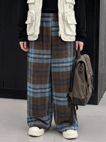 DAZY Young Boys Plaid Loose Straight Leg Elastic Waist Casual All-Match Versatile Autumn/Winter Long Pants - Brown - View 4