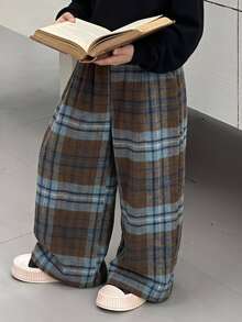 DAZY Young Boys Plaid Loose Straight Leg Elastic Waist Casual All-Match Versatile Autumn/Winter Long Pants - Brown - View 3