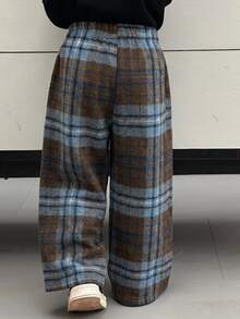 DAZY Young Boys Plaid Loose Straight Leg Elastic Waist Casual All-Match Versatile Autumn/Winter Long Pants - Brown - View 2