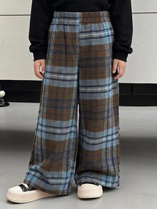 DAZY Young Boys Plaid Loose Straight Leg Elastic Waist Casual All-Match Versatile Autumn/Winter Long Pants - Brown - View 1