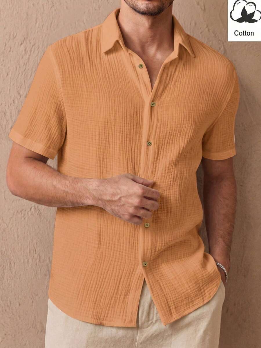 HIMLAND قميص رجالي منسوج كاجوال بأكمام قصيرة لحفلة هالوين الشتاء والخريف - لون برتقالي - مشاهدة 1