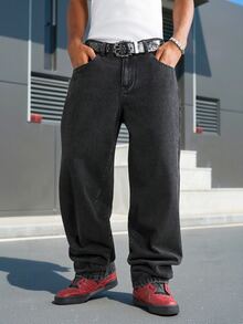 Manfinity EMRG 男士街頭風休閒刺繡黑色牛仔褲 - 黑色 - 查看 2