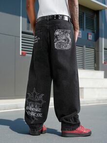 Manfinity EMRG 男士街頭風休閒刺繡黑色牛仔褲 - 黑色 - 查看 5