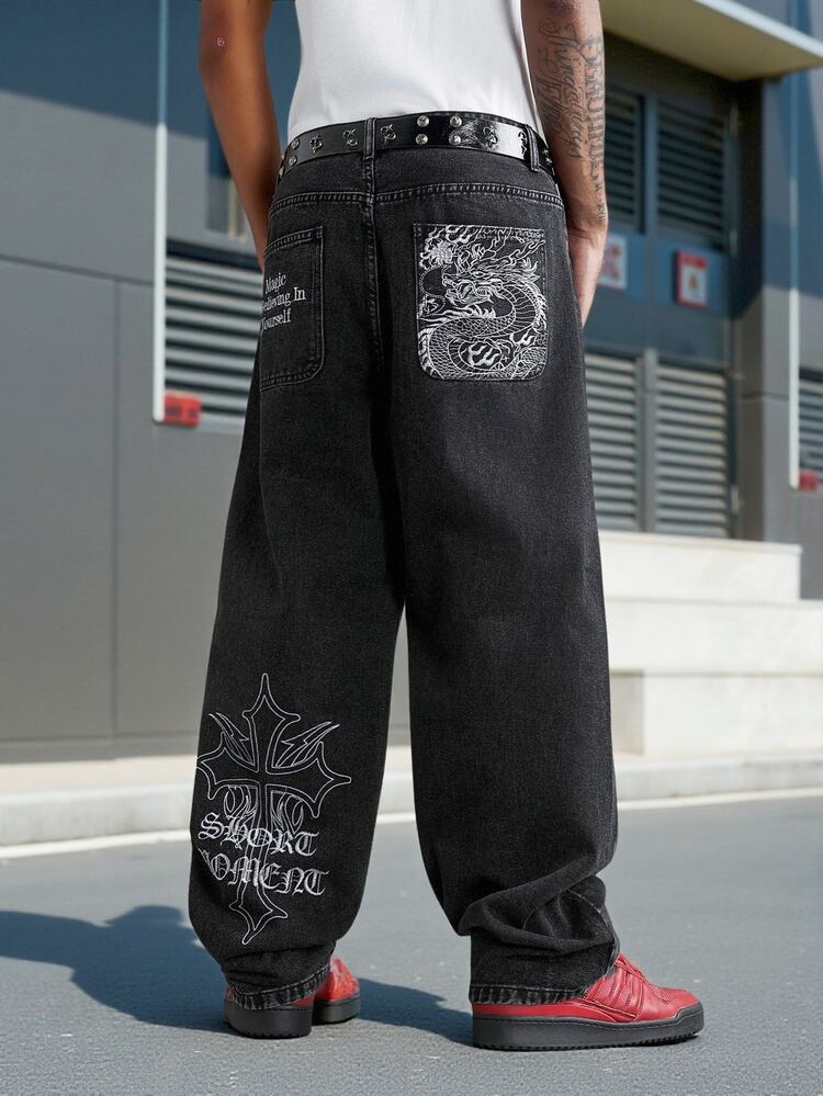 Manfinity EMRG Men's Streetwear Casual Embroidered Black Denim Jeans - Black - View 5
