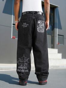 Manfinity EMRG 男士街頭風休閒刺繡黑色牛仔褲 - 黑色 - 查看 6