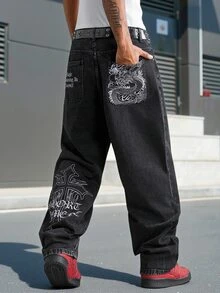 Manfinity EMRG 男士街頭風休閒刺繡黑色牛仔褲 - 黑色 - 查看 8