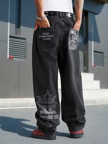 Manfinity EMRG 男士街頭風休閒刺繡黑色牛仔褲 - 黑色 - 查看 3