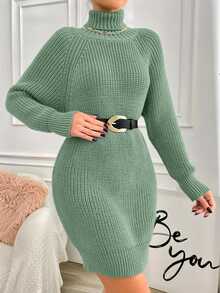EURMUSE Turtleneck Raglan Sleeve Sweater Dress - Mint Green - View 4