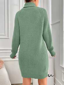 EURMUSE Turtleneck Raglan Sleeve Sweater Dress - Mint Green - View 2