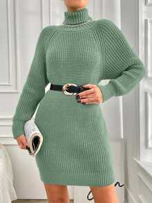 EURMUSE Turtleneck Raglan Sleeve Sweater Dress - Mint Green - View 5