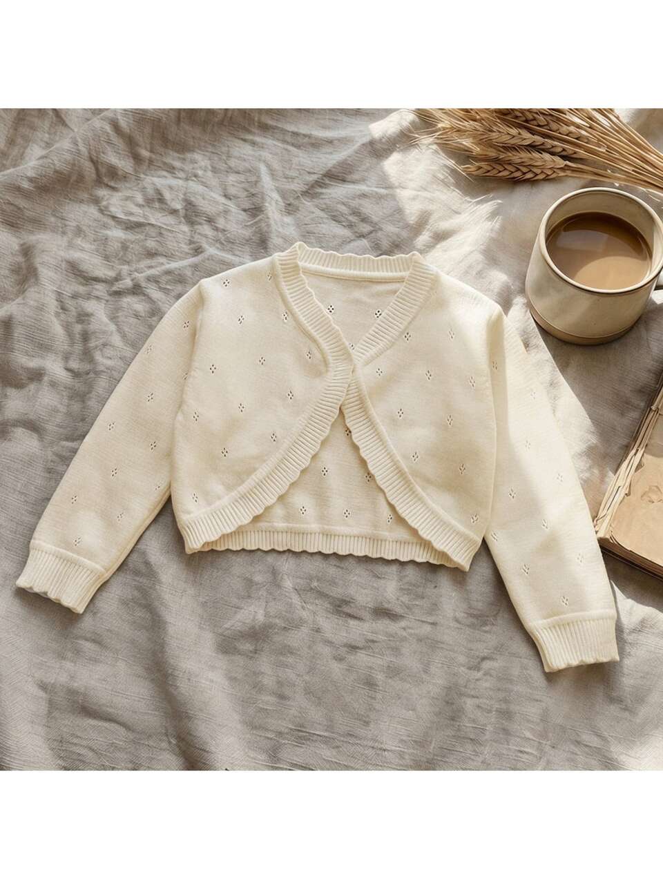 Baby White Knitted Long Sleeve Lightweight Cardigan With Decorative Trim,In Fall/Winter