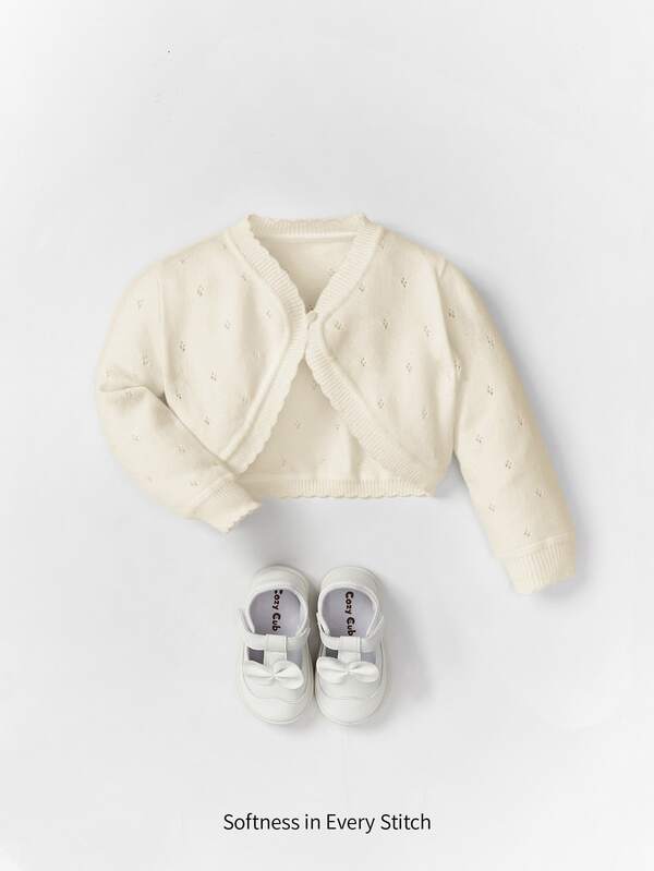 SHEIN Baby White Knitted Long Sleeve Lightweight Cardigan With Decorative Trim,In Fall/Winter