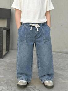 SHEIN Kids Young Boy Casual Basic Drawstring Waist Blue Denim Loose Baggy Jeans, Fall/Winter, Back-To-School - Medium Wash - View 3