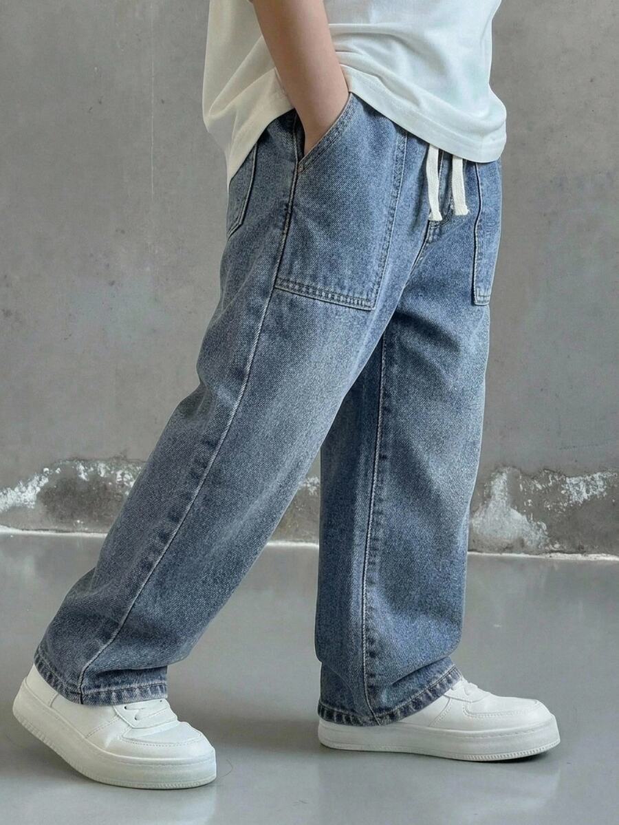 SHEIN Kids Young Boy Casual Basic Drawstring Waist Blue Denim Loose Baggy Jeans, Fall/Winter, Back-To-School - Medium Wash - View 1