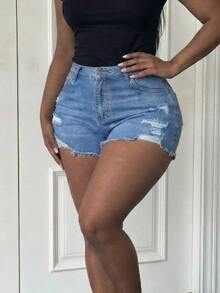 SHEIN ICON Plus Size Summer Fashion Distressed Washed Frayed Slant Pocket Skinny Denim Shorts Formal Evening Blue Casual Loose Fit - Light Wash - View 4