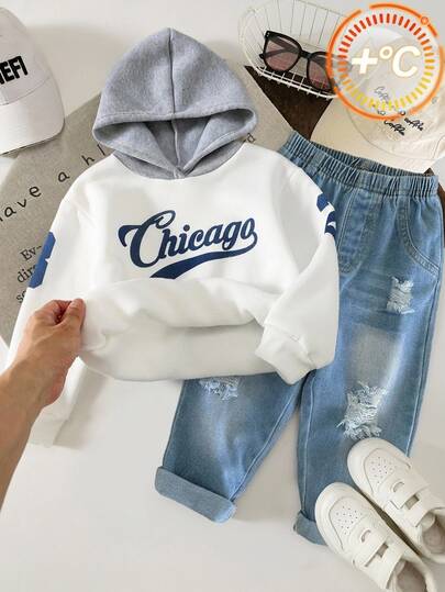SHEIN 2pcs/Set Young Boys Young Girls Fleece Lined Thick White Patchwork Hoodie Long Sleeve Top And Denim Jeans Outfit