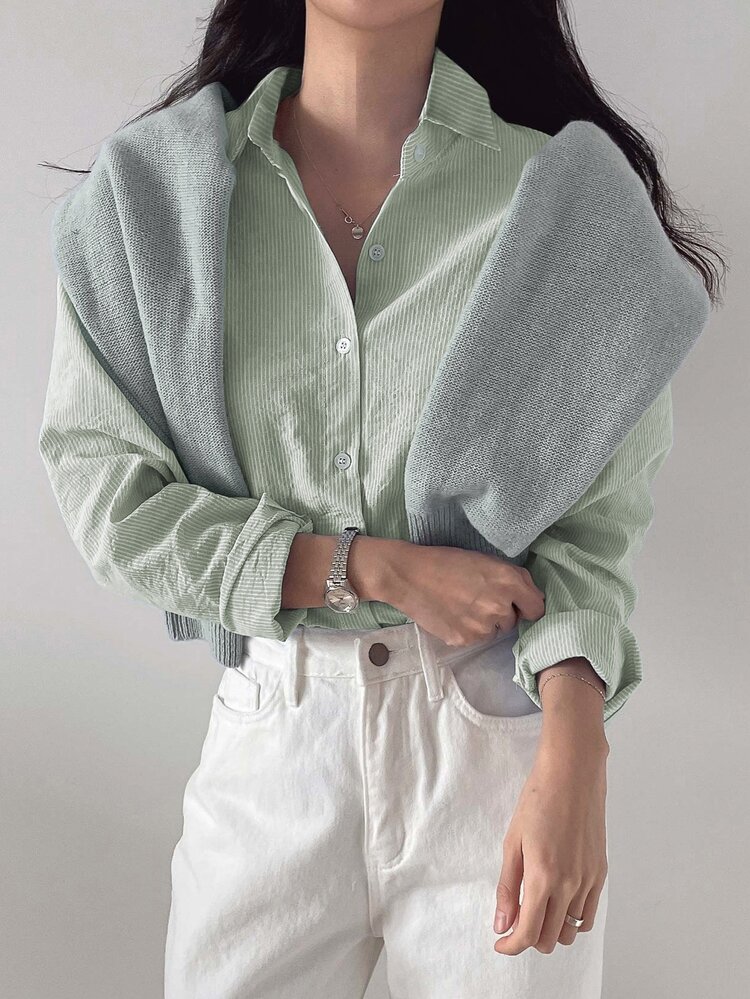 DAZY Camisa con botones delanteros sólidos, blusas de manga larga, ropa de mujer de otoño para Pascua - Verde - Añade 5