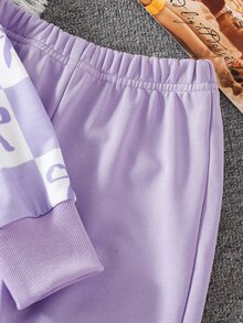 幼童女童甜美蝴蝶結棋盤格短版上衣與蝴蝶結圖案喇叭褲 2件式時尚休閒套裝上學穿搭 - 紫色 - 查看 7