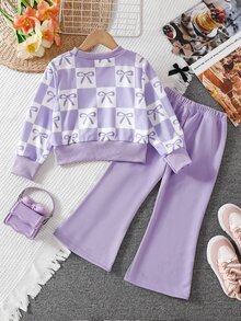 幼童女童甜美蝴蝶結棋盤格短版上衣與蝴蝶結圖案喇叭褲 2件式時尚休閒套裝上學穿搭 - 紫色 - 查看 2