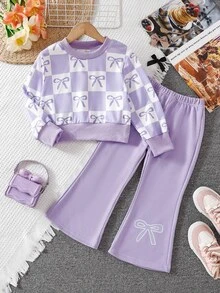 幼童女童甜美蝴蝶結棋盤格短版上衣與蝴蝶結圖案喇叭褲 2件式時尚休閒套裝上學穿搭 - 紫色 - 查看 1