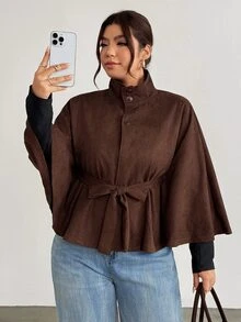 Firerie Plus Size Women's Long Sleeve Waist Tie Casual Commute Jacket - Coffee Brown - View 2