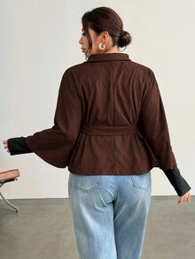 Firerie Plus Size Women's Long Sleeve Waist Tie Casual Commute Jacket - Coffee Brown - View 3