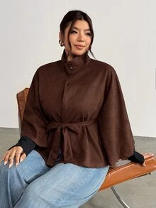 Firerie Plus Size Women's Long Sleeve Waist Tie Casual Commute Jacket - Coffee Brown - View 1