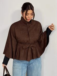 Firerie Plus Size Women's Long Sleeve Waist Tie Casual Commute Jacket - Coffee Brown - View 7
