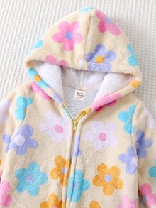 Cozy Pixies 女嬰花卉彩色可愛保暖毛茸茸加厚抓絨內裡連帽拉鍊長袖連身衣 冬季連身衣 - 彩色 - 查看 4