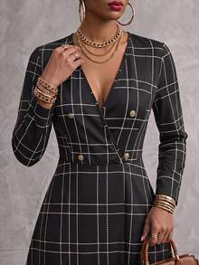 Velvienne Plus Size V-Neck Elegant Fashion Autumn/Winter Button Plaid Women's Long Sleeve Dress Fall - Black - View 1
