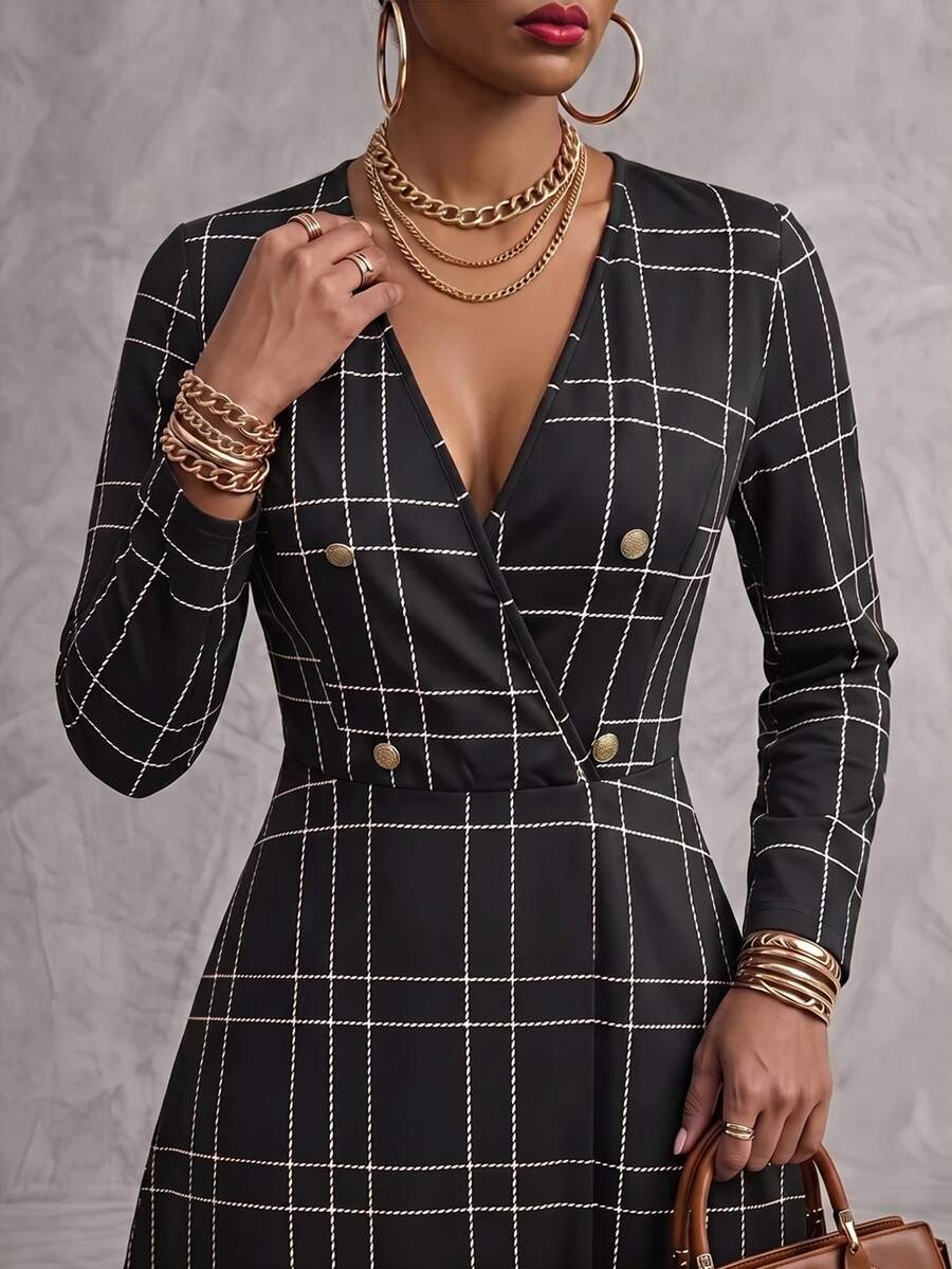 Velvienne Plus Size V-Neck Elegant Fashion Autumn/Winter Button Plaid Women's Long Sleeve Dress Fall - Black - View 1