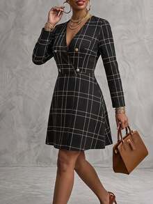 Velvienne Plus Size V-Neck Elegant Fashion Autumn/Winter Button Plaid Women's Long Sleeve Dress Fall - Black - View 5