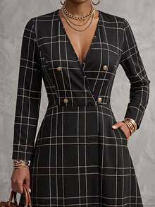 Velvienne Plus Size V-Neck Elegant Fashion Autumn/Winter Button Plaid Women's Long Sleeve Dress Fall - Black - View 3