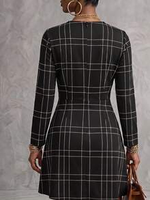 Velvienne Plus Size V-Neck Elegant Fashion Autumn/Winter Button Plaid Women's Long Sleeve Dress Fall - Black - View 2