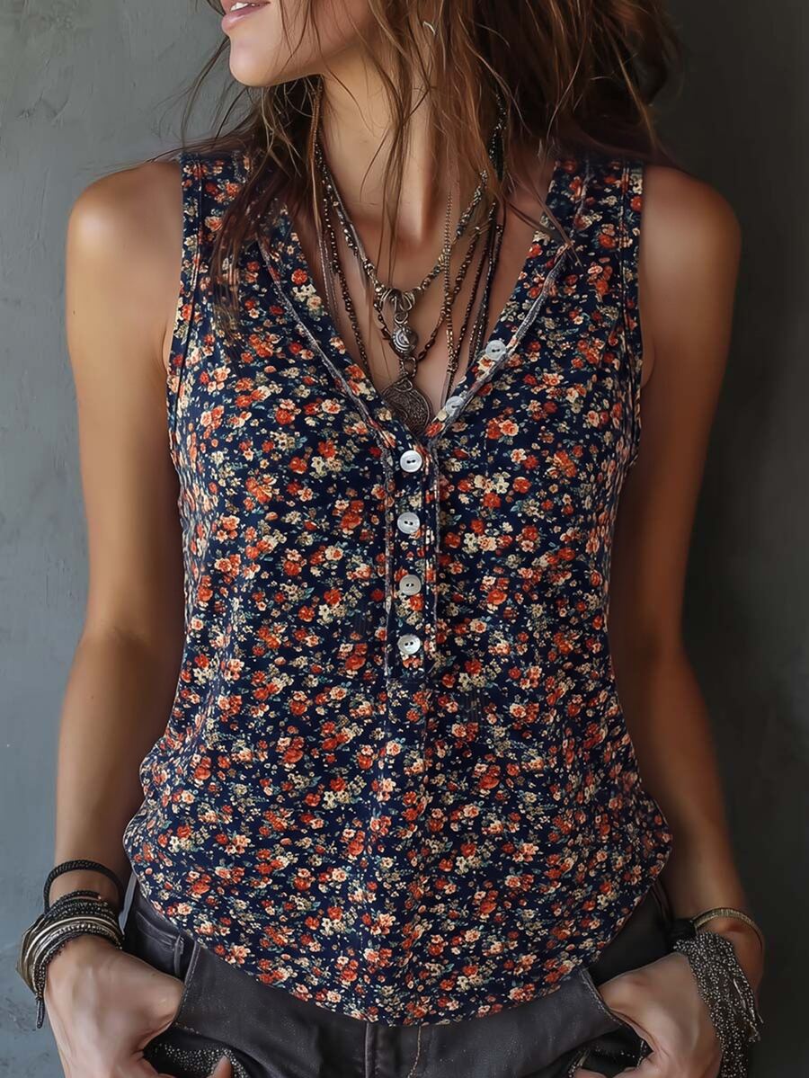 Solivie 夏季女士休闲碎花吊带背心 - 寶藍色 - 查看 1