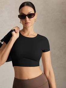 Activina 女款短袖露背運動 T 恤與背心，四季皆宜，Ralphlauren 老錢風，適合日常休閒穿著，休閒青春露背上衣 - 黑色 - 查看 4