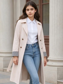 SHEIN 1件時尚女款新款卡其色編織雙排扣收腰長版大衣，適合春季、秋季、冬季，戶外、旅行、街頭穿搭 - 杏色 - 查看 5