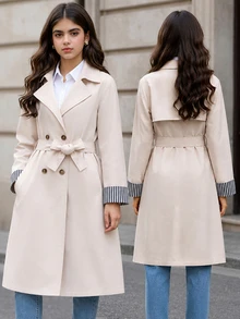 SHEIN 1件時尚女款新款卡其色編織雙排扣收腰長版大衣，適合春季、秋季、冬季，戶外、旅行、街頭穿搭 - 杏色 - 查看 4
