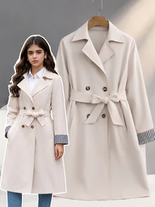 SHEIN 1件時尚女款新款卡其色編織雙排扣收腰長版大衣，適合春季、秋季、冬季，戶外、旅行、街頭穿搭 - 杏色 - 查看 6