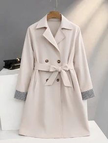 SHEIN 1件時尚女款新款卡其色編織雙排扣收腰長版大衣，適合春季、秋季、冬季，戶外、旅行、街頭穿搭 - 杏色 - 查看 7