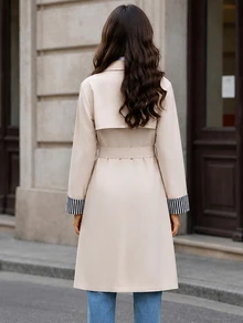 SHEIN 1件時尚女款新款卡其色編織雙排扣收腰長版大衣，適合春季、秋季、冬季，戶外、旅行、街頭穿搭 - 杏色 - 查看 2