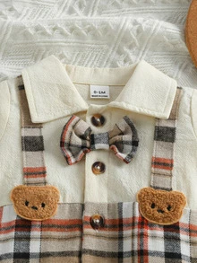 SHEIN Neugeborenes Baby Jungen karierter Gentleman Jumpsuit mit Hut, süßer Cartoon Bär Kurzarm Jumpsuit mit Fliege, lässige Sommeroutfits Geburtstagsparty Anzug - Braun - Übersicht 6