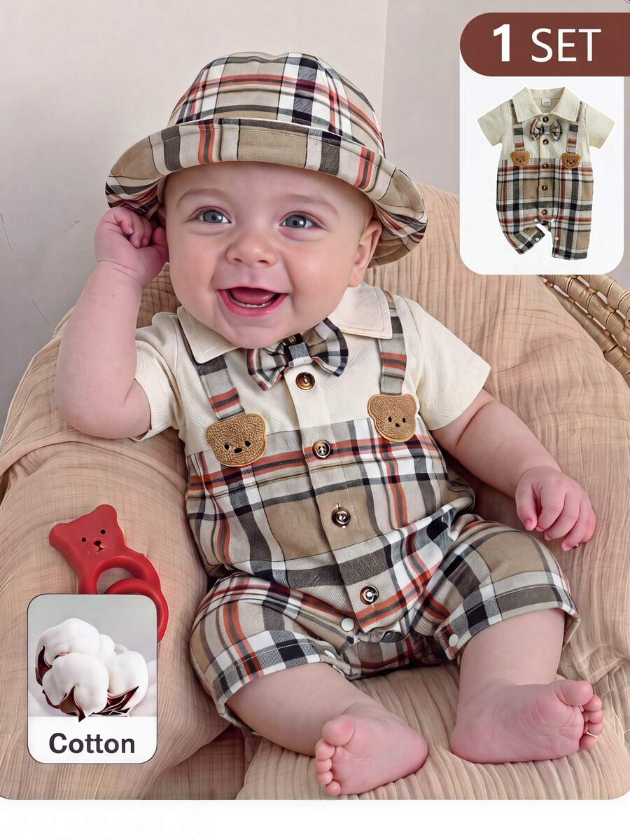 SHEIN Neugeborenes Baby Jungen karierter Gentleman Jumpsuit mit Hut, süßer Cartoon Bär Kurzarm Jumpsuit mit Fliege, lässige Sommeroutfits Geburtstagsparty Anzug - Braun - Übersicht 1