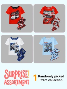 Randomly Sent 1 Set Baby Boy Cool Fashion Cute Casual Daily Comfortable Soft Skin-Friendly Knitted High Elasticity Tight Fabric Patchwork Solid Color Cool Multi-Color Car Racing Graffiti Cartoon Print Pattern Round Neck Short Sleeve Top And Long Pants Pajama Set Loungewear 2-Piece Set - Multicolor - View 6