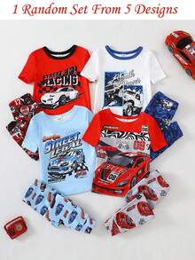 Randomly Sent 1 Set Baby Boy Cool Fashion Cute Casual Daily Comfortable Soft Skin-Friendly Knitted High Elasticity Tight Fabric Patchwork Solid Color Cool Multi-Color Car Racing Graffiti Cartoon Print Pattern Round Neck Short Sleeve Top And Long Pants Pajama Set Loungewear 2-Piece Set - Multicolor - View 10