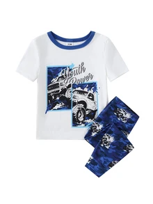 Randomly Sent 1 Set Baby Boy Cool Fashion Cute Casual Daily Comfortable Soft Skin-Friendly Knitted High Elasticity Tight Fabric Patchwork Solid Color Cool Multi-Color Car Racing Graffiti Cartoon Print Pattern Round Neck Short Sleeve Top And Long Pants Pajama Set Loungewear 2-Piece Set - Multicolor - View 7