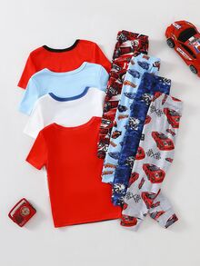 Randomly Sent 1 Set Baby Boy Cool Fashion Cute Casual Daily Comfortable Soft Skin-Friendly Knitted High Elasticity Tight Fabric Patchwork Solid Color Cool Multi-Color Car Racing Graffiti Cartoon Print Pattern Round Neck Short Sleeve Top And Long Pants Pajama Set Loungewear 2-Piece Set - Multicolor - View 3